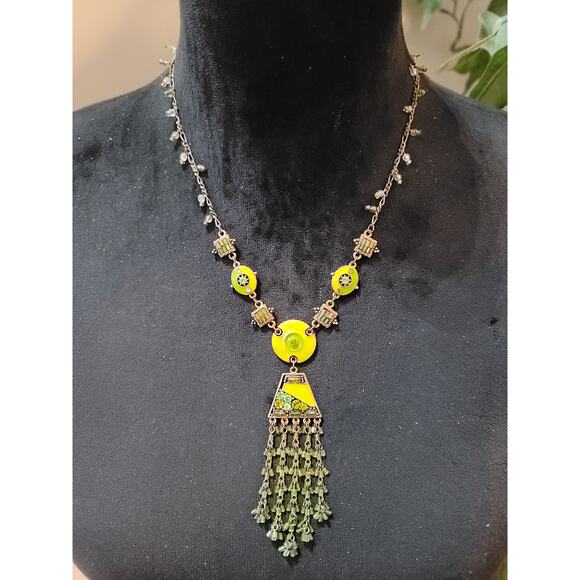 Vintage Green Rhinestone Fringe Necklace Copper Tone Boho Statement Jewelry - Picture 2 of 7